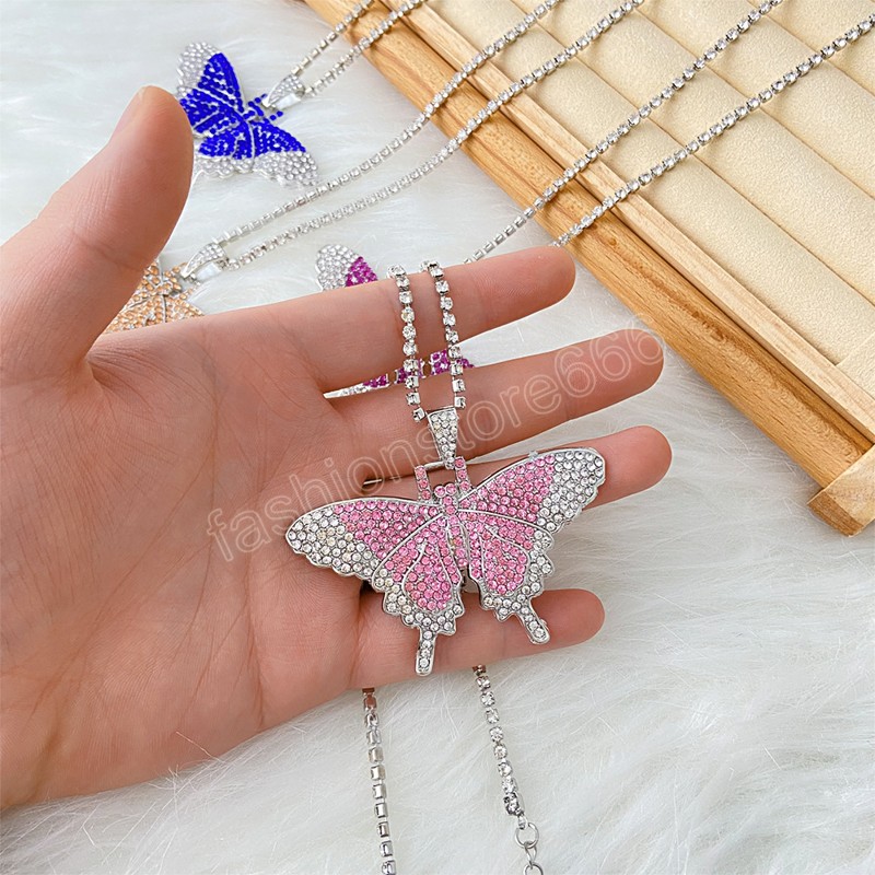 Sparking Fully Iced Out Crystal Pave Butterfly Pendant Fashion Rhinestone Bling Animal Necklace For Women Party Gift