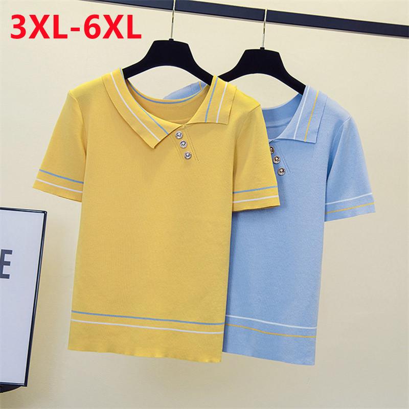 Women's Plus Size T-Shirt Large Women's Short Sleeved Shirt Summer Fashion Lapel Knitted 3XL 5XL 6XLWomen's, Blue