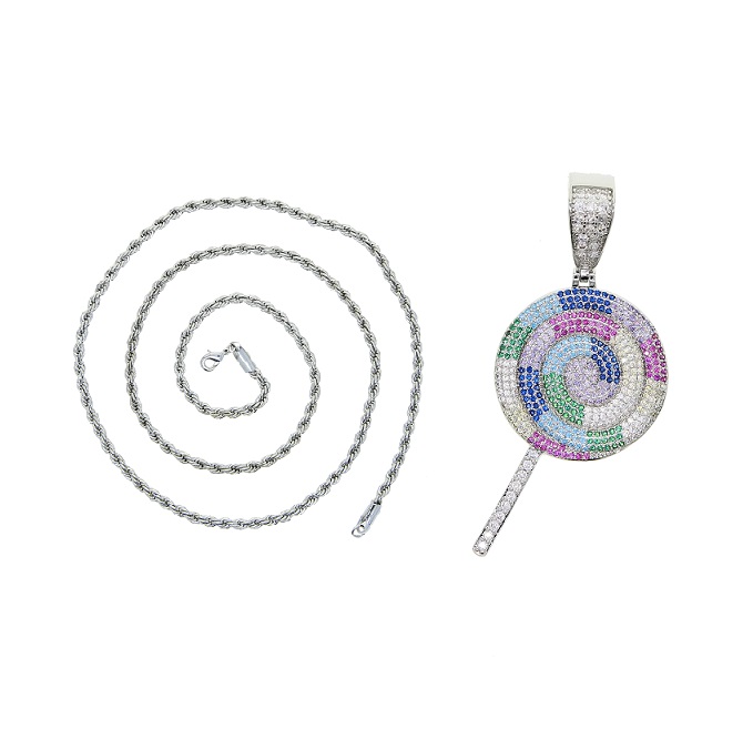 Hip Hop CZ Multi color Lollipop Iced Out Cubic Zircon Necklace Pendant For women Men Jewelry Charm cz Tennis Chain