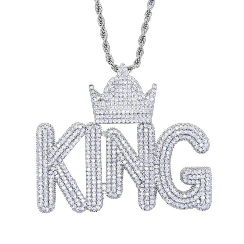 Men's Iced Out Bg Hip Hop Crown Shape King Letters Pendant Necklace with Rope Chain