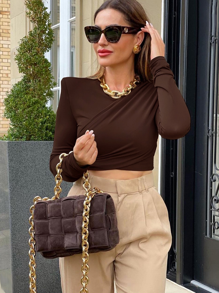 Tawnie Women V Neck Long Sleeve T Shirt with Shoulder Pads Green Sexy Elegant Autumn Winter Ruched Top Tshirts Casual Brown 220321