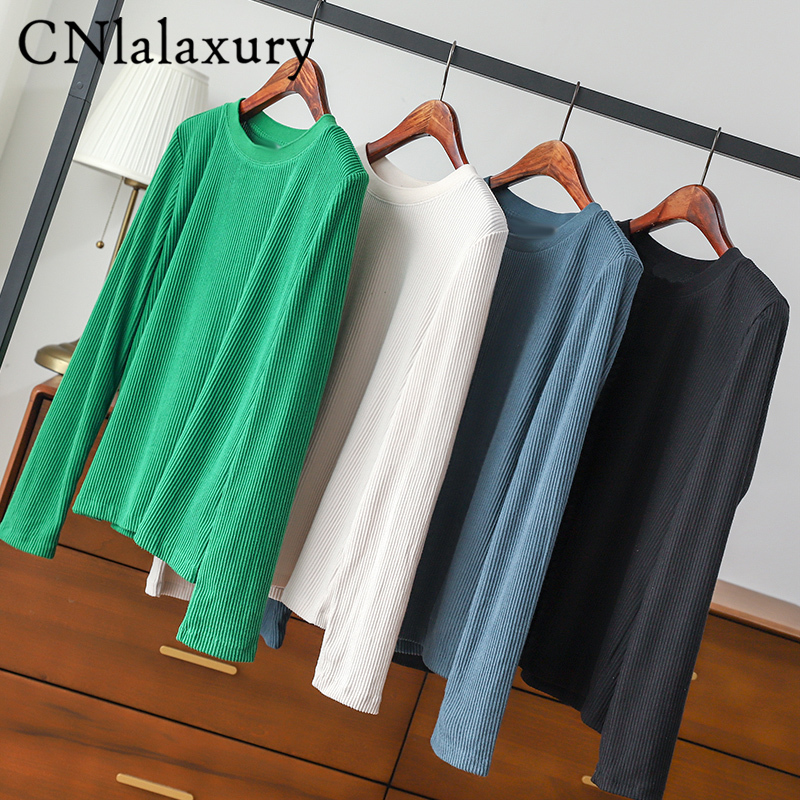 CNlalaxury Long Sleeve Women T Shirt Spring Korean Round Neck Slim Top Solid Color Basic Harajuku Bodycon Tops 220728