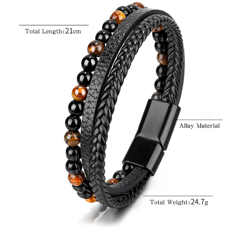 Tiger Eye Stone Beaded Leather Stack Bracelet Bangle Cuff Wristband Braided Multilayer Wrap Bracelets for Woman Man Hip Hop Fashion Jewelry Gift