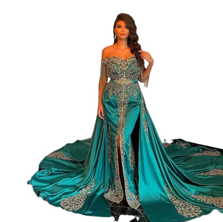 Hunter Green Satin Moroccan Kaftan Evening Dress Sexy Off The Shoulder embroidery Beaded Tassel Prom Dresses Sweep Train Formal Wear