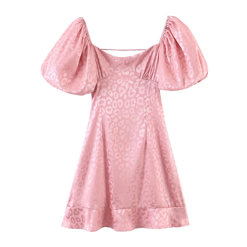 Retro Women Jacquard Leopard Pink Satin Mini Dress Sexy Elastic Short Lantern sleeve Cross Lacing up Back Backless Party Dresses 220511