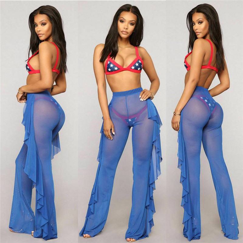 Sexy Women See-through Pants Bikini Cover Up Mesh Ruffle Bottoms Plus Size Loose Long Trousers Beachwear Swimwear Swimsuit 220426