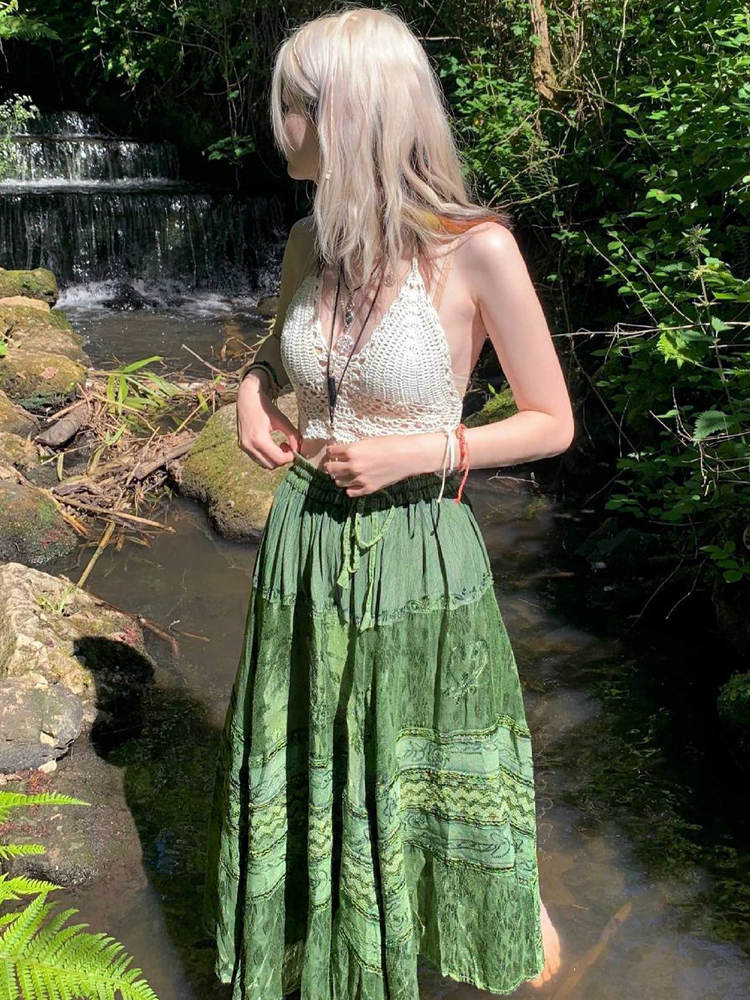 HEYounGIRL Vintage Green Women Long Skirt Aesthetic Graphic Print Hight Waist Cute Casual Midi Skirts Grunge Sweet Lady Outfits 220701