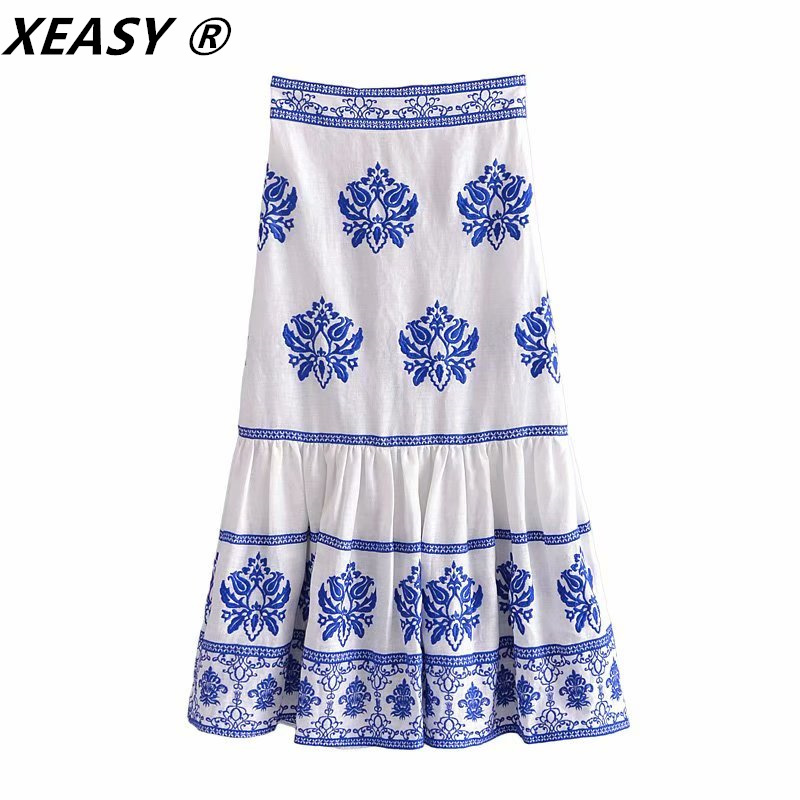 XEASY Women Blue Embroidery Linen Skirt High Waist Side Zip Vintage Summer Midi Skirts Fashion Ruffle Hem Female 220322