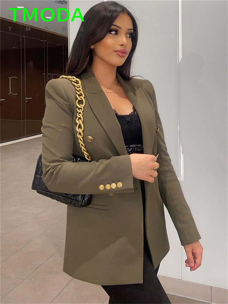 T MODA Women Fashion Golden Buttons ArmyGreen Blazer Coat Vintage Double Breasted Long Sleeve Female Outerwear Chic Tops 220402