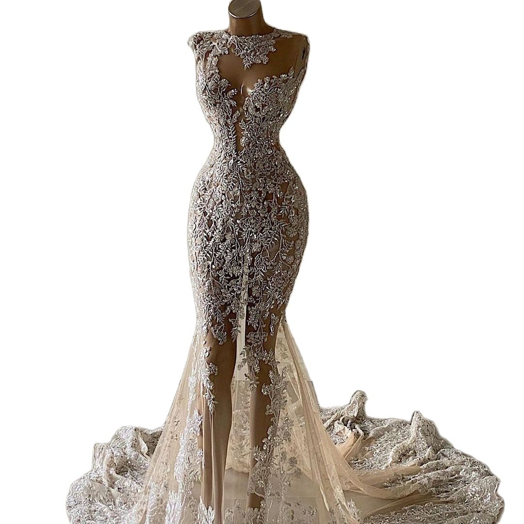 See Through Mermaid Wedding Dresses Jewel Neck 3D Floral Lace Appliques African Bridal Gowns Robe de mariée