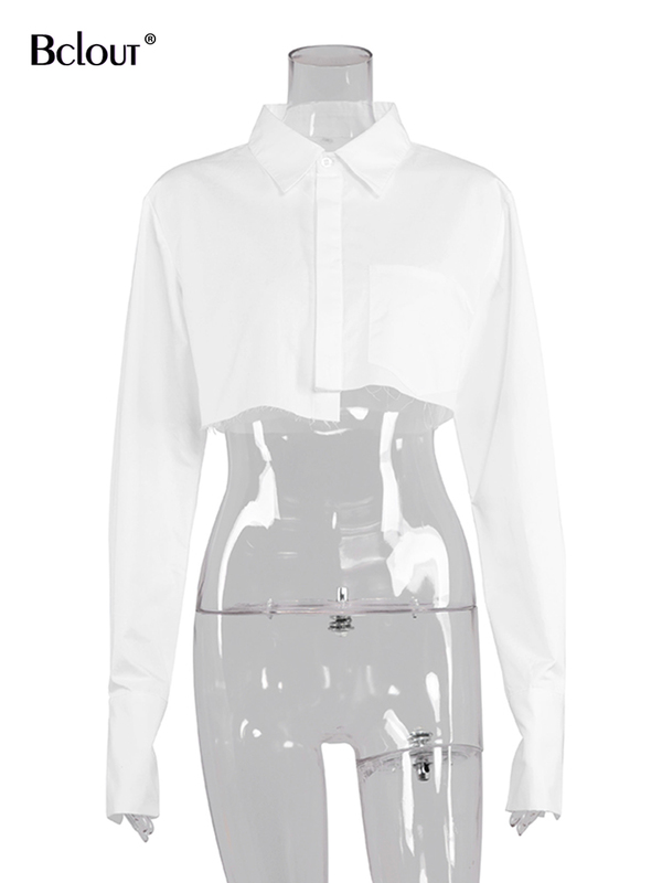 Bclout Casual Crop Top Women Blouses Fashion Turn Down Collar White Shirt Flare Sleeve Blouse Female Autumn Sexy Ladies Tops 220324