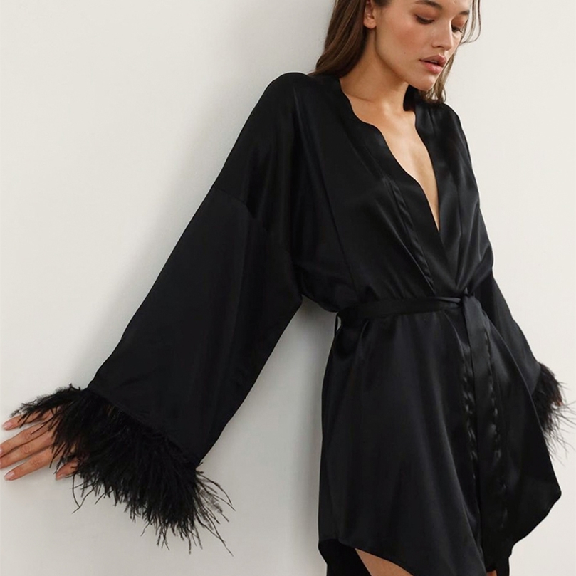 OOTN Feathers Spliced Satin Dress Belt Sexy Robe Party Night Silky Dresses Women Long Sleeve Summer Soft Cozy Home Black Dress 220511