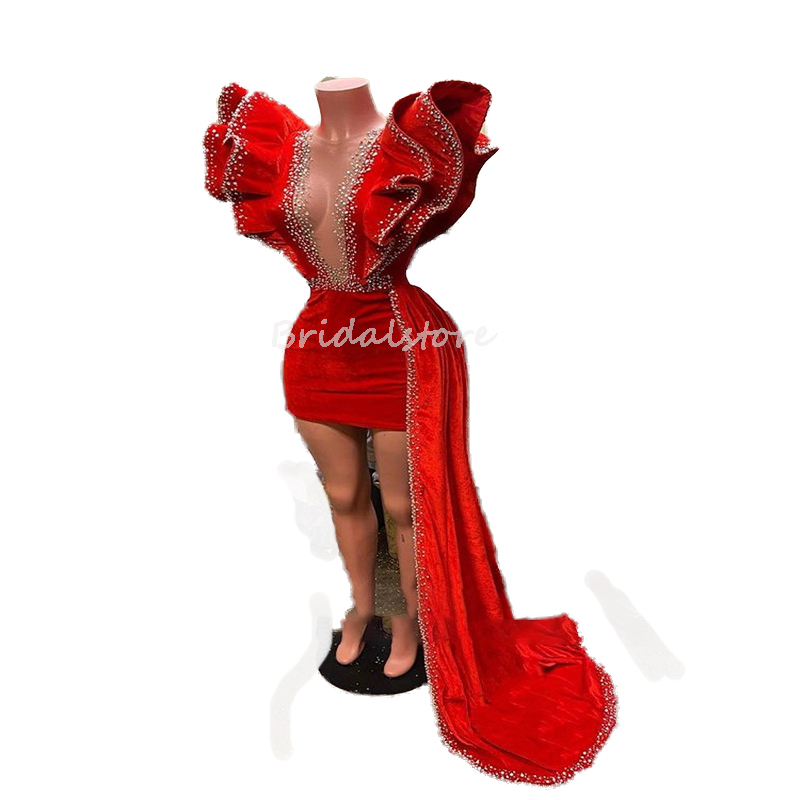 Luxury Black Girls Short Prom Dress Orange With Beaded Illusion Neck Ruffles Velvet Aso Ebi Evening Dress 2022 Cocktail Party Wear Special Occasion Ro