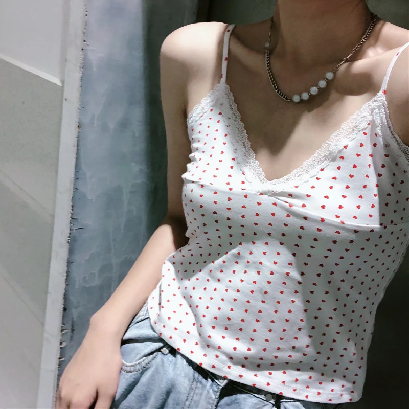 PUWD Women White Lace Tanks Spring Fashion Ladies Vintage Slim V Neck Sweet Sling Camis Girls Cute Red Love Y2K Crop Tops 220325