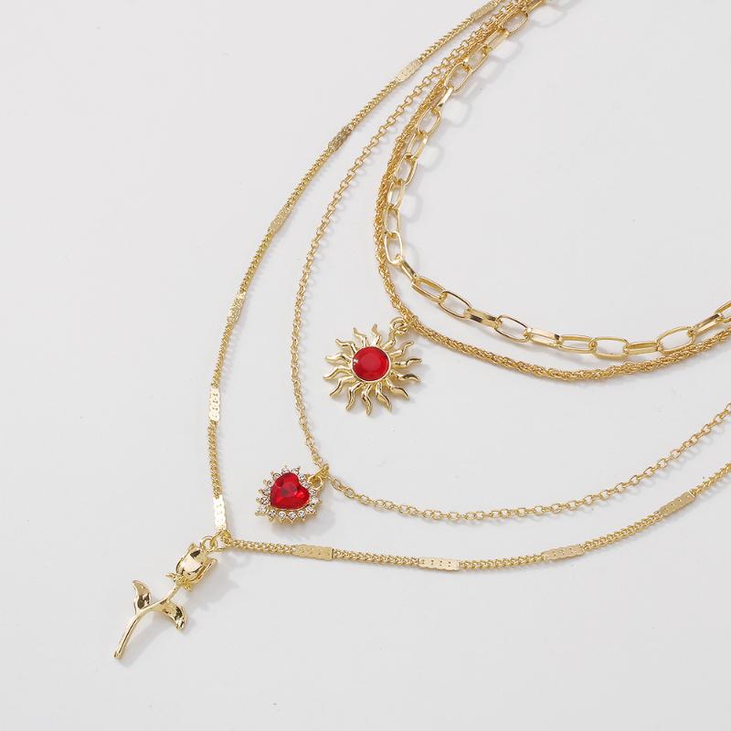 Pendant Necklaces Retro Sun Love Flower Multi-Layer Necklace Fashion Rubies Inlaid Long Lock Bone Strand Ladies Elegant AccessoriesPendant