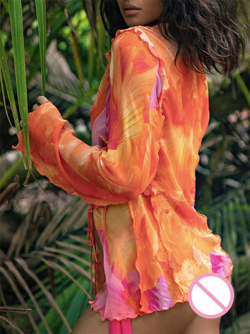 Women's Blouses & Shirts Women Tie Dye Print Open Front Tie-Up Tops Long Sleeve Ruffle Cardigan Woman Summer Casual Sheer Chiffon Blou