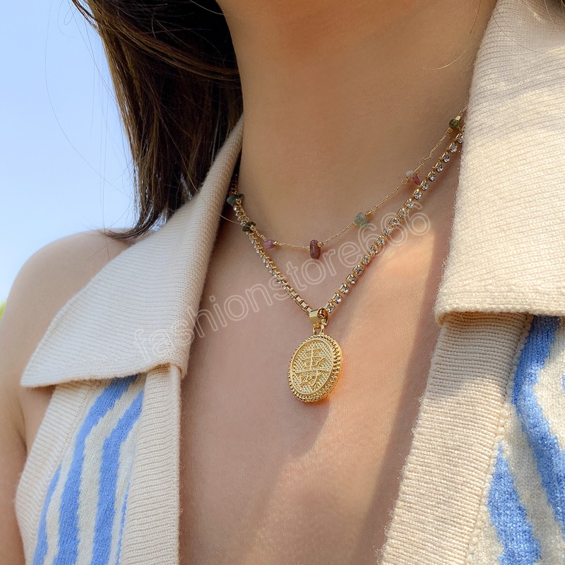 Romantic Layered Necklace Natural Stone Fine Chain Necklace for Women Fashion Rhinestone Metal Disc Text Necklaces