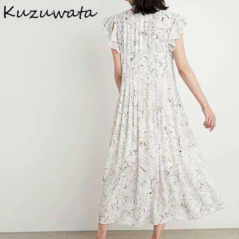 Kuzuwata O Neck Flying Short Sleeve Temperament Dress Women High Waist Hip A Line Long Slim Vestidos Summer Robe Print 220406