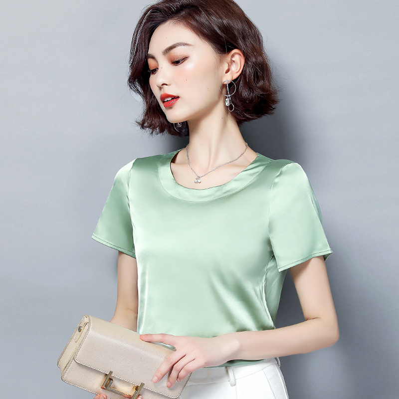 Summer Basic Solid Women's T-Shirts O-Neck Short Sleeve Tees Tops Satin Silk Elegant Thin Shirts for Female 220328