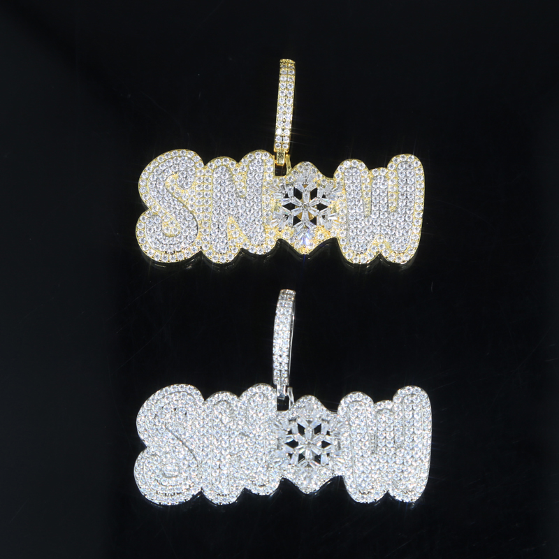 Iced out Letter shape SNOW pendant with rope chain necklace paved 5A white cubic zircon for women men hip hop punk initial jewelry wholesale