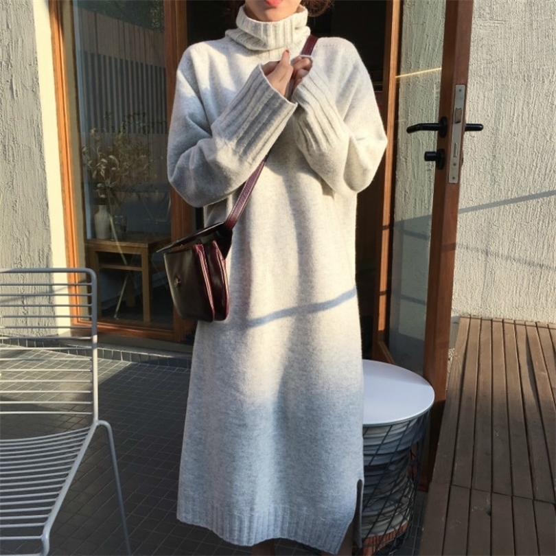 Women Autumn Winter thick Turtleneck long Sweater Dress ladies Long Sleeve straight split Knitted pullover dresses solid 201008