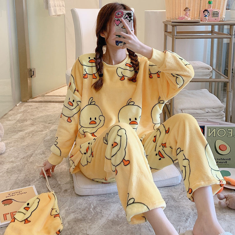 Pajamas for Women Flannel Women's Set Winter Long-Sleeved Sleepwear Cute Cartoon Suits 220329