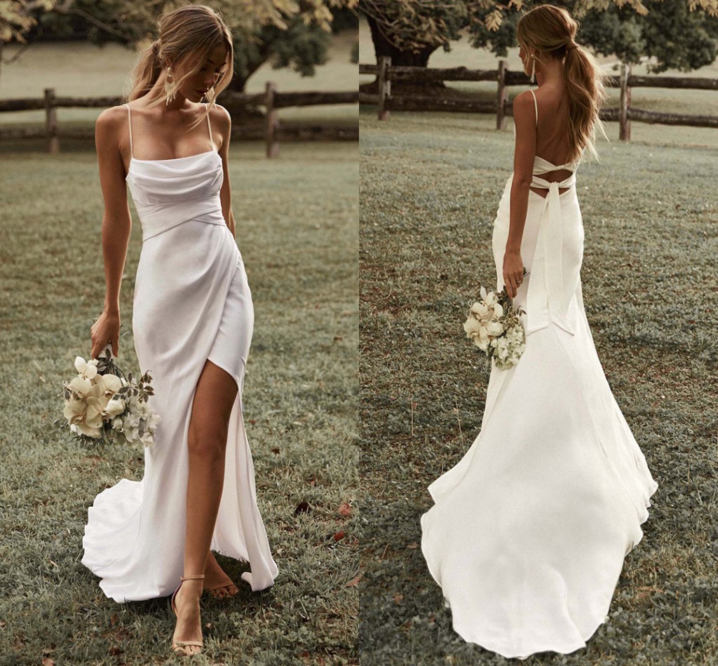 Simple Mermaid White Wedding Dress Spaghetti Straps High Slit 2022 Satin Backless Plain Bridal Gown Sweep Train Vestido de Novia