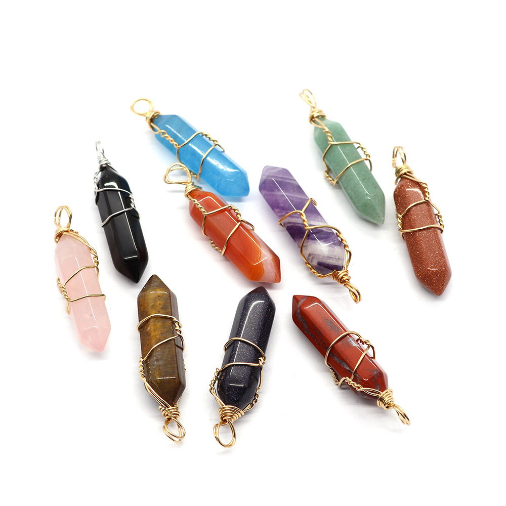Natural Stone silver gold Wire Wrapped Quartz Hexagonal Prism Healing Crystal Charms Pendants For Diy Earrings Necklace Jewelry Making