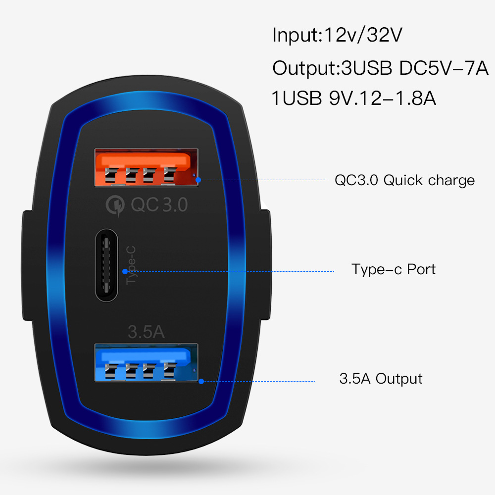 3-Ports LED USB C Car Chargers Fast Charging Type-C QC3.0 PD 7A Charger Adapter for iphone 11 12 13 14 15 16 pro max Samsung With Retail Box Package