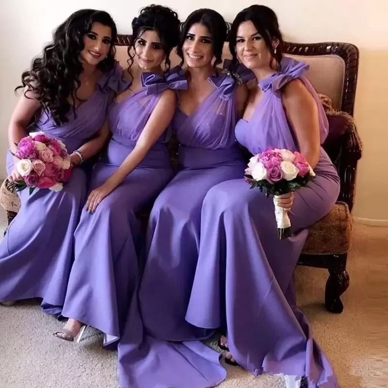 Lavender Bridesmaid Dresses One Shoulder Or Length Sheath Pleats Bow Custom Made Plus Size Maid Of Honor Gown Vestidos Beach Wedding