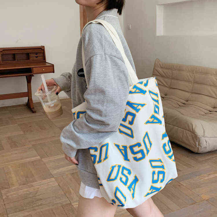 Summer Women Bag Single Shoulder Letter Printing Portable Student Large Capacity Leisure Canvas Shopping Bag 220516