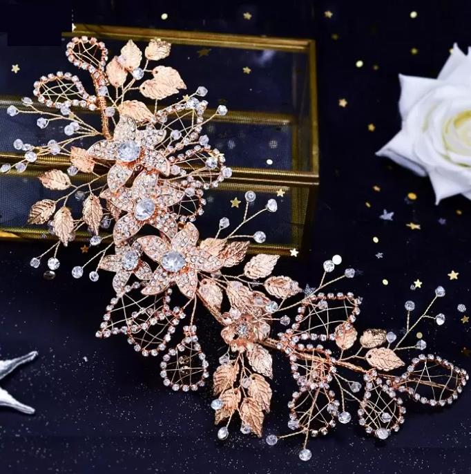 Headpieces Bridal Wedding Diamond Tiara Hollowed Out Leaves Handmade crystal bride hair band Exquisite elegant wedding dress accessories Manual Rhines