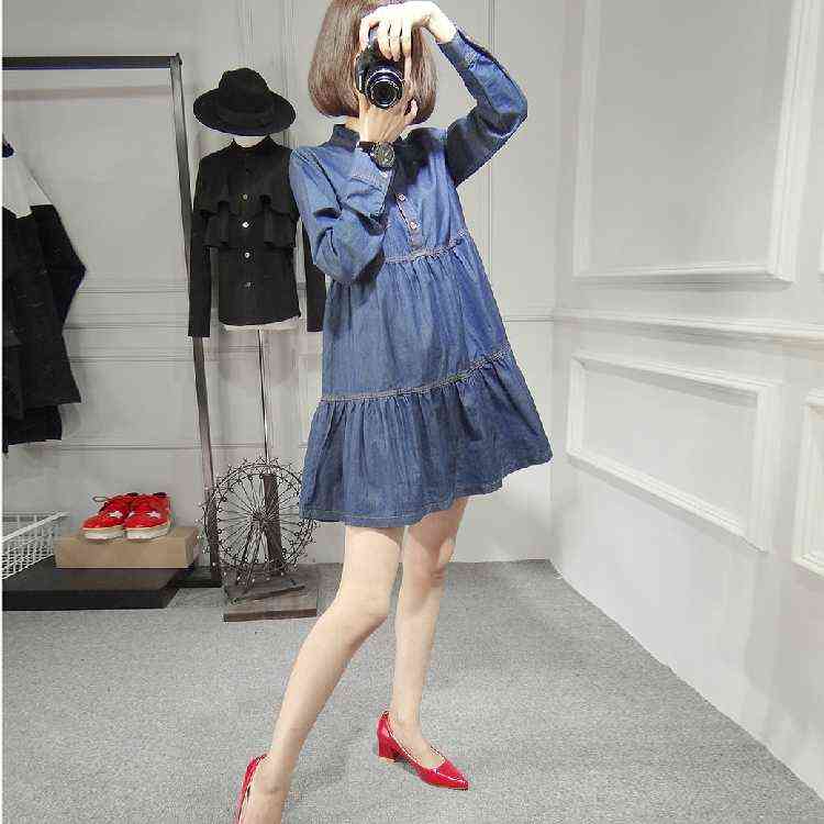 Spring Maternity Cowboy Pop Dress Fashion High Waist Long Sleeve Pregnant Women Denim Blue Dress Ruffles Patchwork Cotton Dress J220628