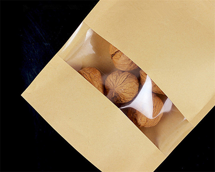 100pcs Stand up Kraft Paper Clear Window Zip Lock Packaging Bag Resealable Snack Candy Salts Biscuits Coffee Beans Powder Heat Sealing Gift Storage Po