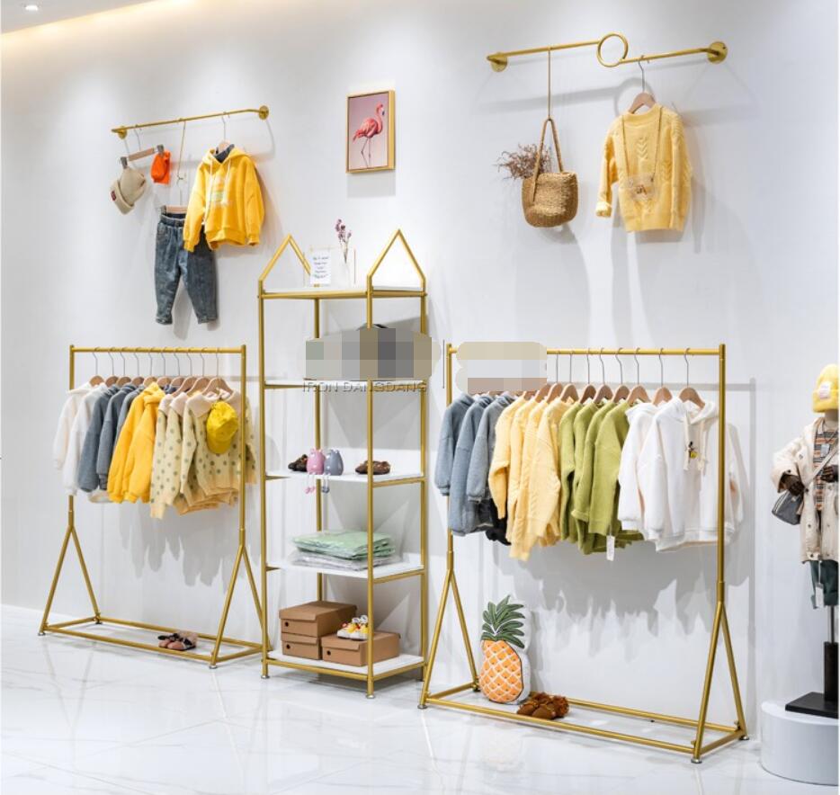 Children's clothing store display shelf Bedroom Furniture floor type golden shelfs baby clothes hanger clothing shop racks kids cloth rack
