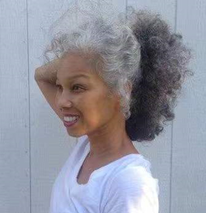 With salt and pepper drawstring gray ponytail human hair extension afro kinky curly puff bun updo silver grey natural highlights pony tail hair piece 
