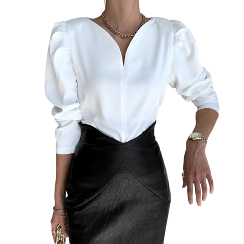 Puff Sleeve Office Lady V-neck Long Sleeve Women Blouse Spring Korean Chic Casual Woman Shirts White Tops Blusas Mujer 12899 220407
