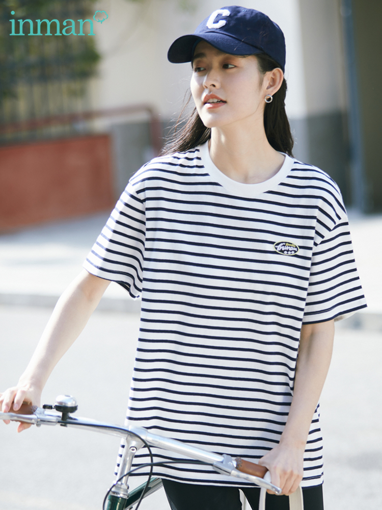 INMAN Summer Womens Tshirt Short Sleeve Woman Clothes Stripe Casual Top Women Round Collar Fashion Woman Blouses Ropa Mujer 220527