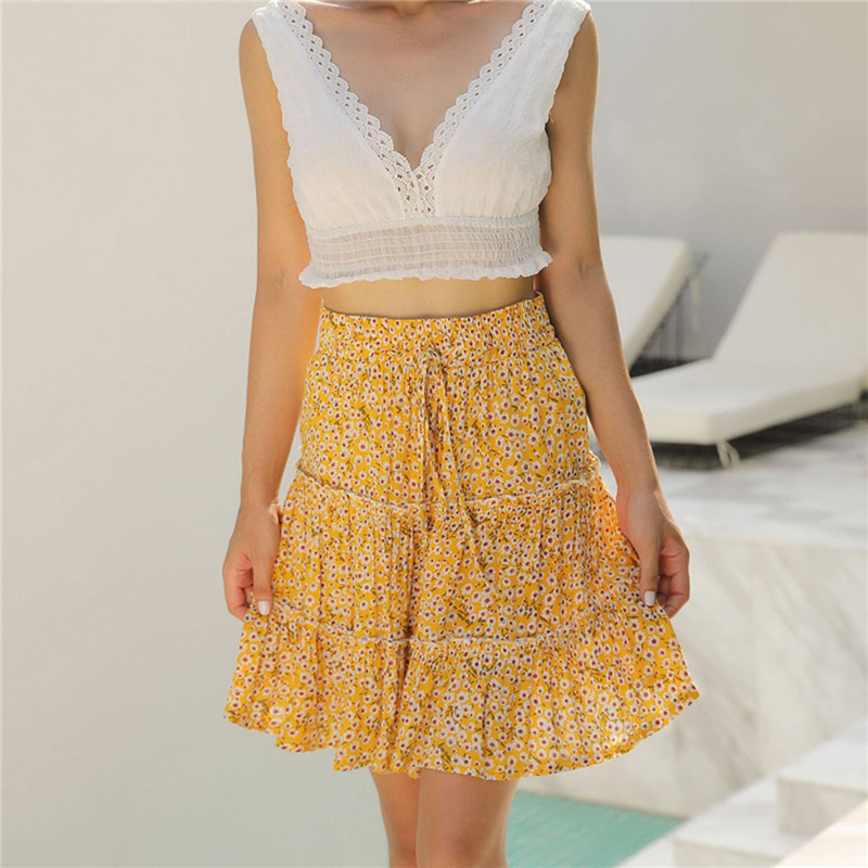 Summer Mini Skirt Floral Print Sexy Boho Short Skirt For Women Fashion Ladies High Waist Frills Beach Pleated Skirts 220611