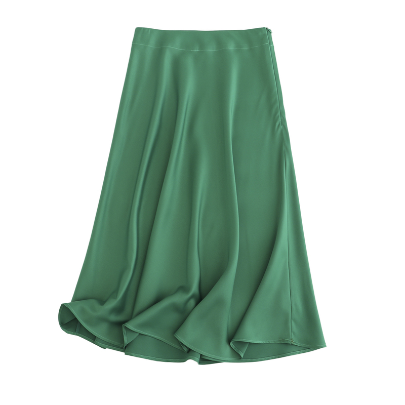 Tangada women solid quality satin midi skirt vintage side zipper office ladies elegant chic Aline skirts 6D18 220701