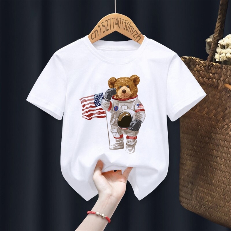 Funny Bear Riding Motorcycle Print Boy Girl White T shirt Kid Summer Harajuku Kawaii Little Baby Y2K Clothes Drop Ship 220614