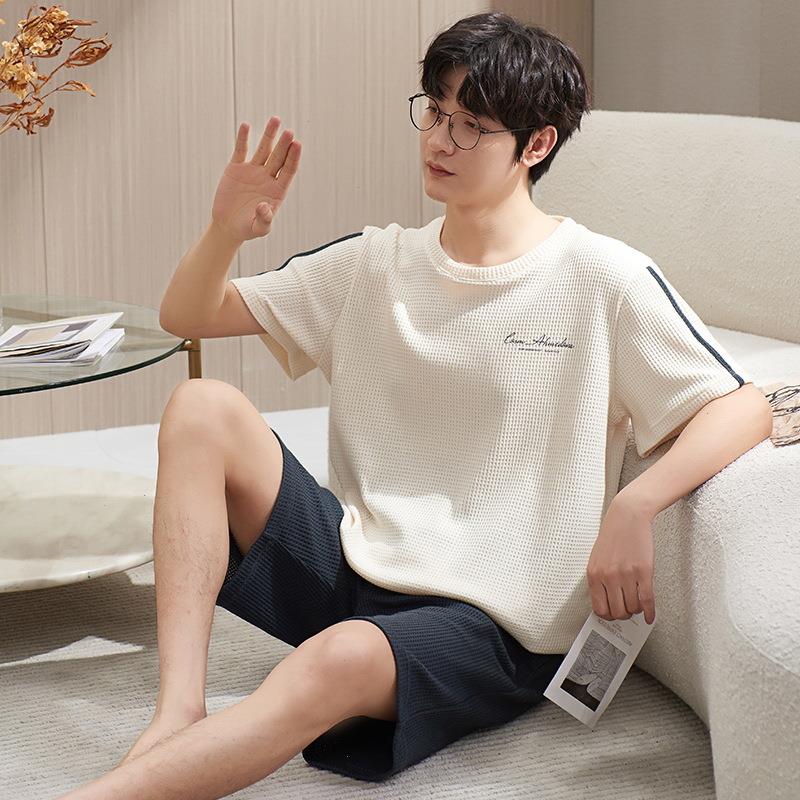 

Summer Mens Pajamas Short-sleeved Sleepwears Round Neck Casual Loose Waffle Cotton Homewear Suit Sports Plus Size Can Be Worn Outside