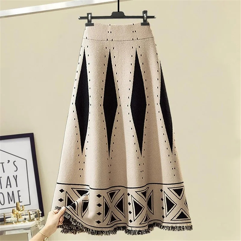 Vintage Jacquard Fringed Knit Skirt Women High Waist Stretch Loose Plus Size 4xl Long Korean Tassel Wild Daily Knitted 220317