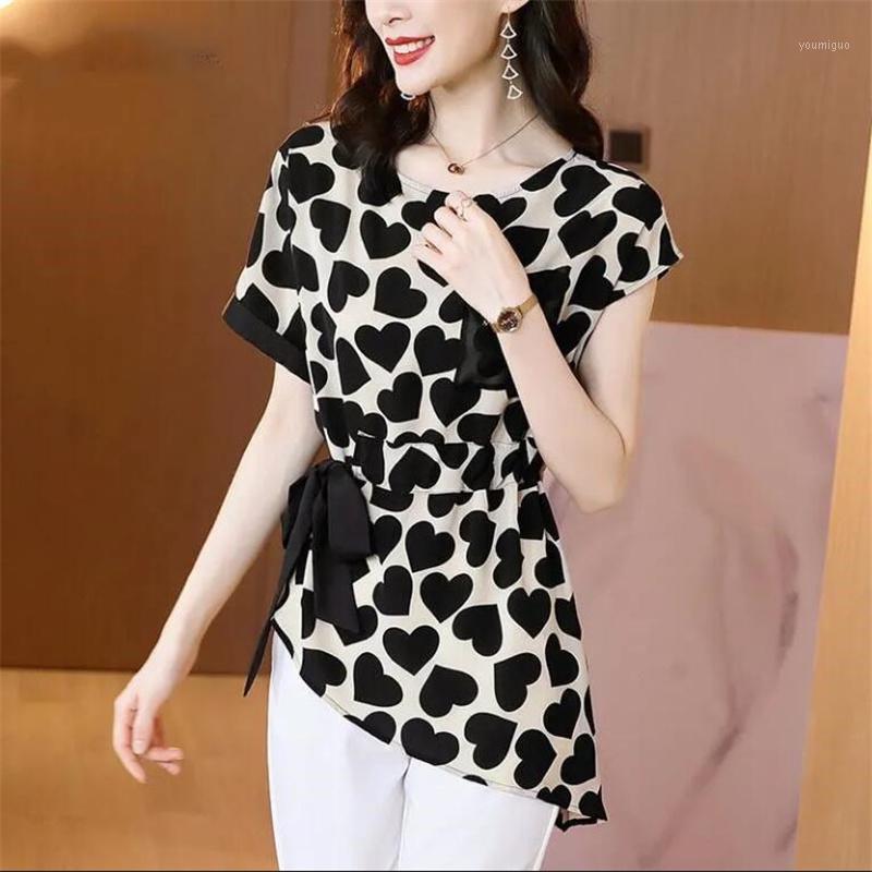 Women's Blouses & Shirts Short-sleeved Chiffon Shirt Summer Blouse Love Printing Lace Up Slim Irregular Mid-length Tops Female Pullover, Multicolor 
Women's Blouses & Shirts Short-sleeved Chiffon Shirt Summer Blouse Love Printing Lace Up Slim Irregular Mid-length Tops Female Pullover, Multicolor