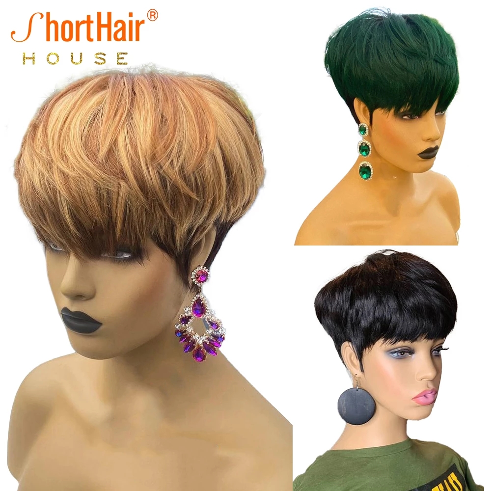 Highlight Short Bob Human Hair Wigs For Black Women Green/Honey Blonde Colored Full Machine Made 200 Density