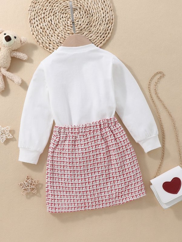 Toddler Girls Bear Embroidery Sweatshirt & Plaid Skirt SHE