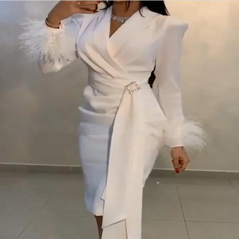 Arabic Mermaid Evening Dresses With Feather Elegant Long Sleeve Short Formal Party Dress 2022 V Neck Plus Size Prom Skirt White Vestidos De Noche Abendkleider