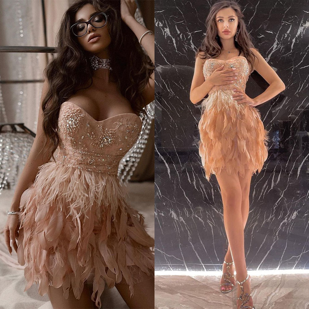 Ostrich Feather Mermaid Prom Dress Sexy Mini Sweethrat Neck Beading Evening Dresses Birthday Party Special Occasion Gowns