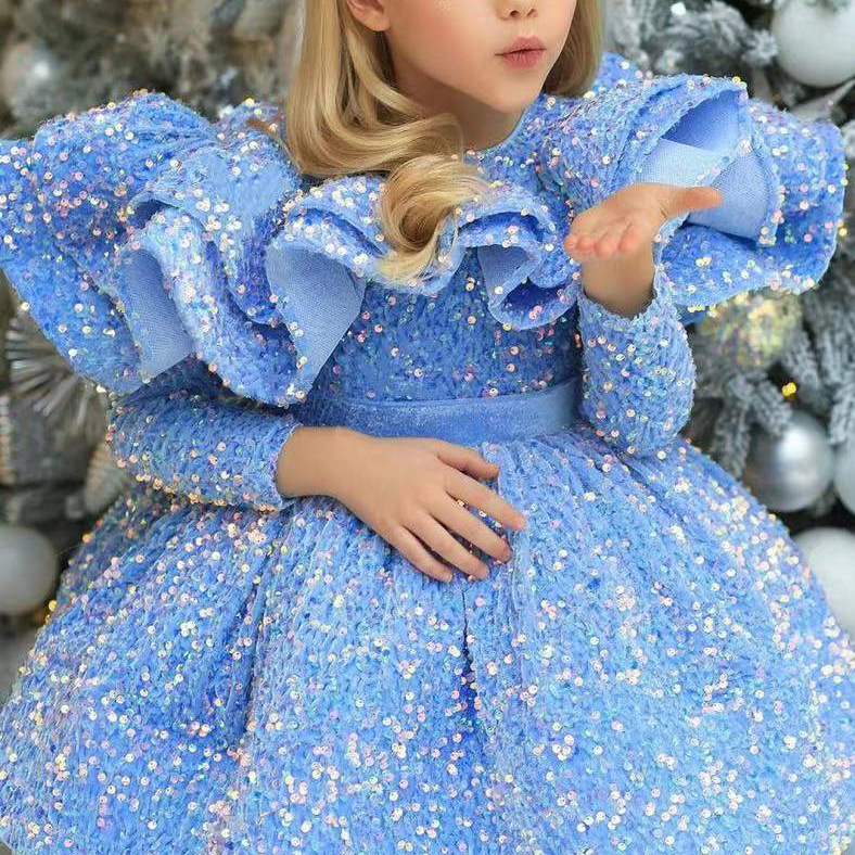 Gold blue Sequined Sparkly Flower Girl Dresses Ball Gown Sheer Neck Tulle Long Sleeves Lilttle Kids Birthday Pageant Weddding Gowns