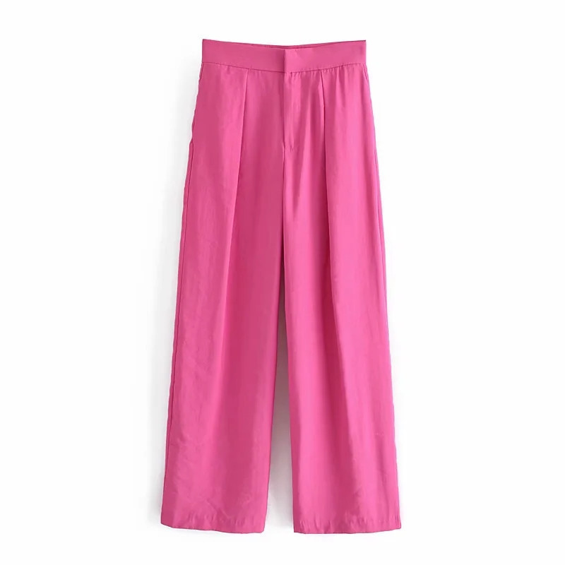TRAF Green Pant High Waist Baggy Trousers Fashion Rose Red Orange Straight Woman Streetwear Wide Leg 220325